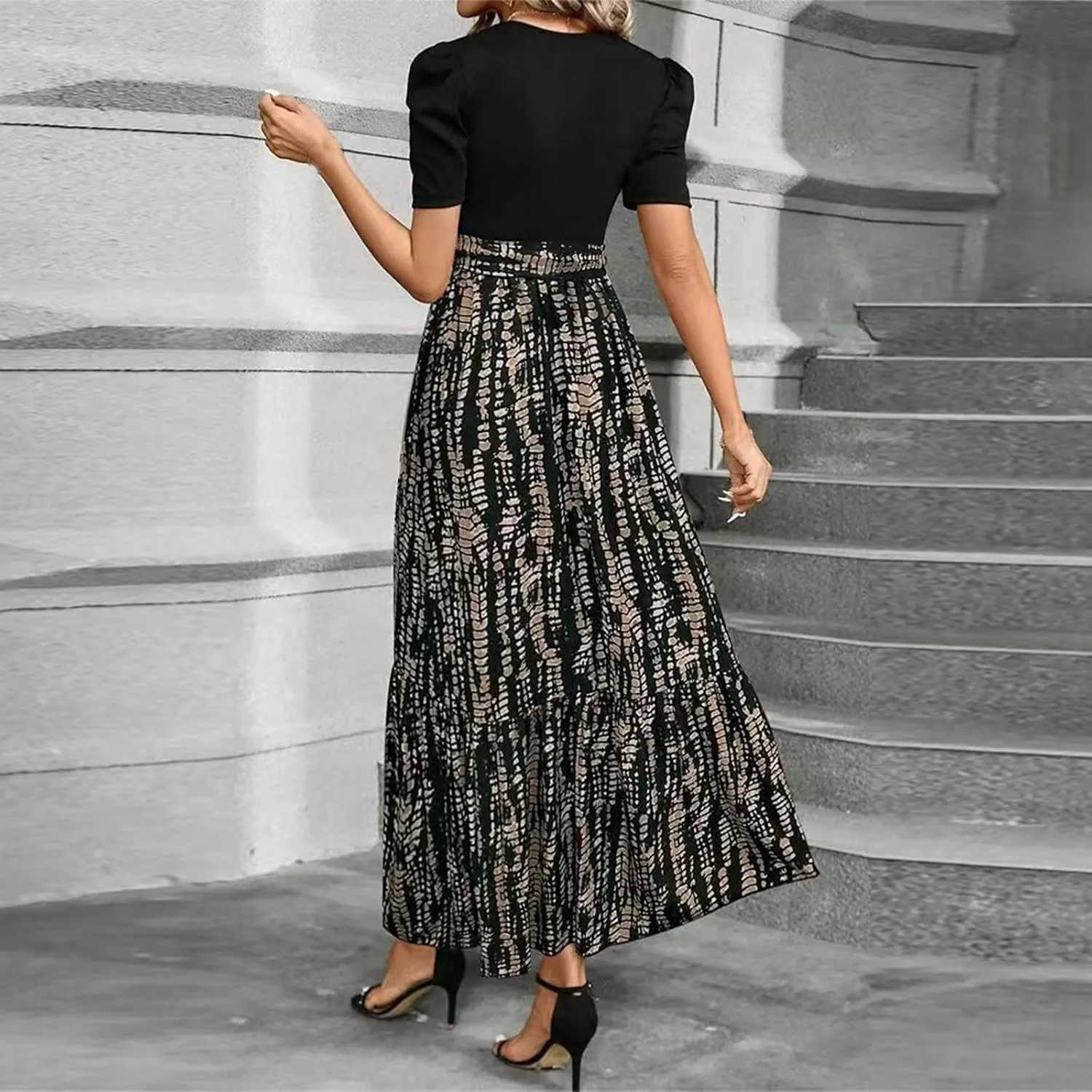 Boho Dresses for Women 2025 Floral Print Belted Patchwork Empire Waist Short Seleeve Maxi Dress