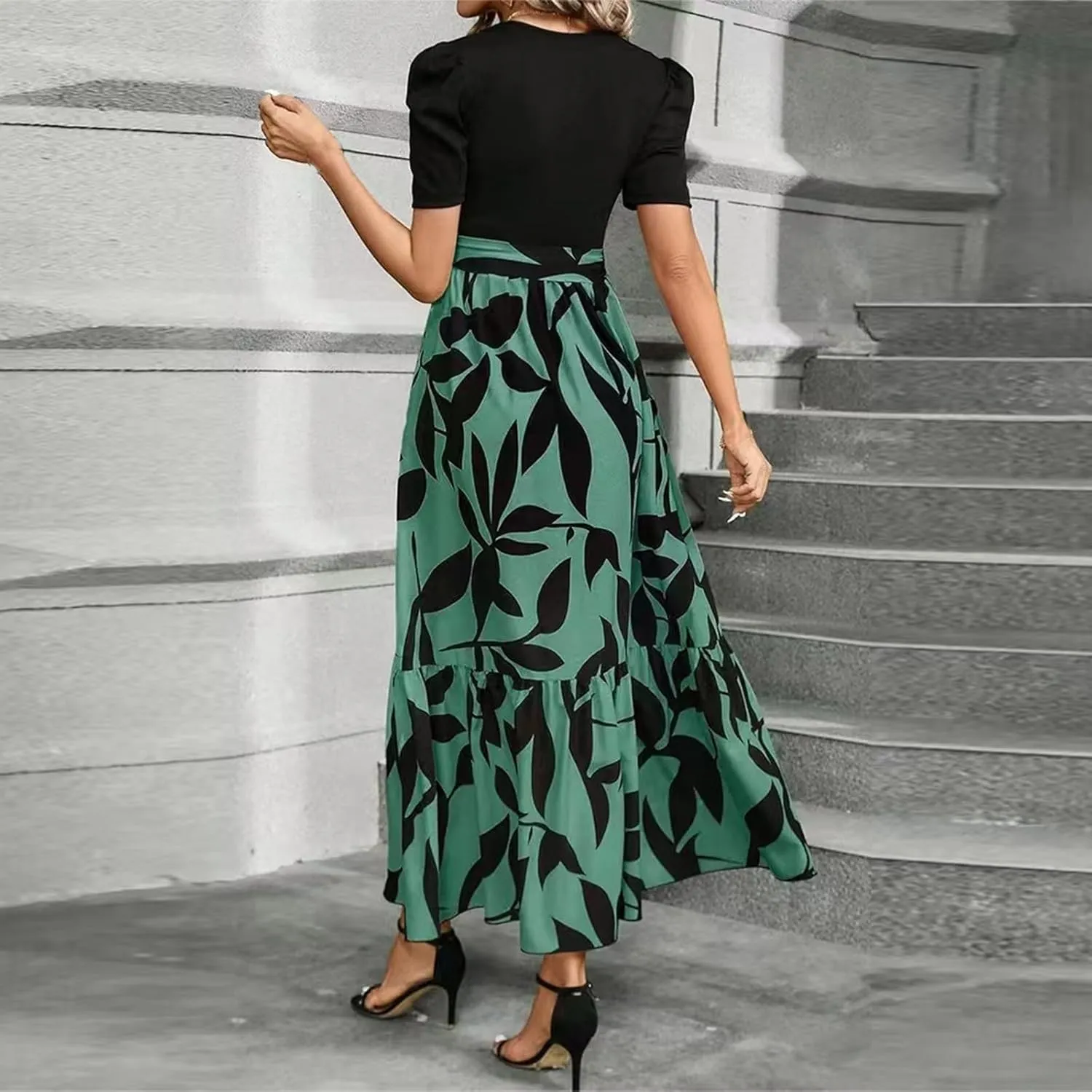 Boho Dresses for Women 2025 Floral Print Belted Patchwork Empire Waist Short Seleeve Maxi Dress