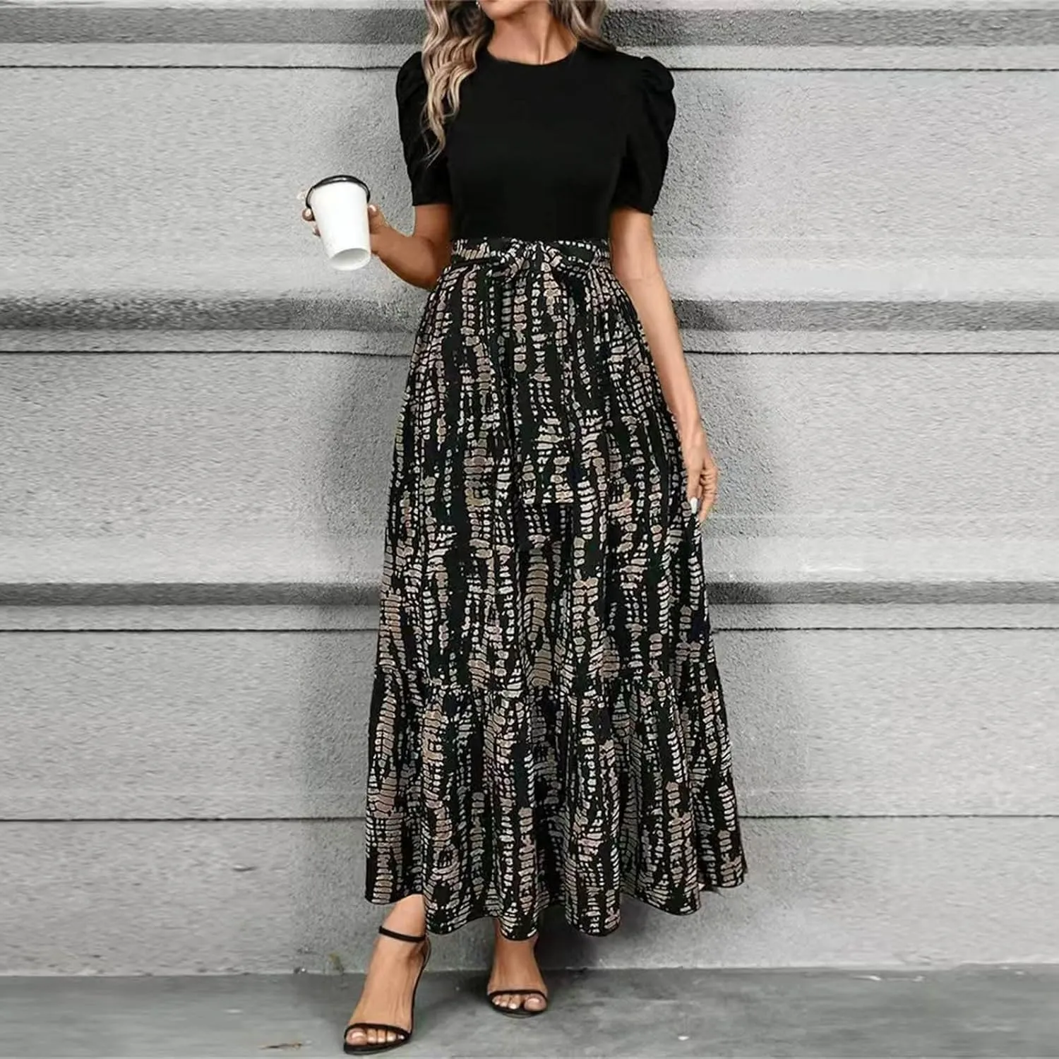 Boho Dresses for Women 2025 Floral Print Belted Patchwork Empire Waist Short Seleeve Maxi Dress