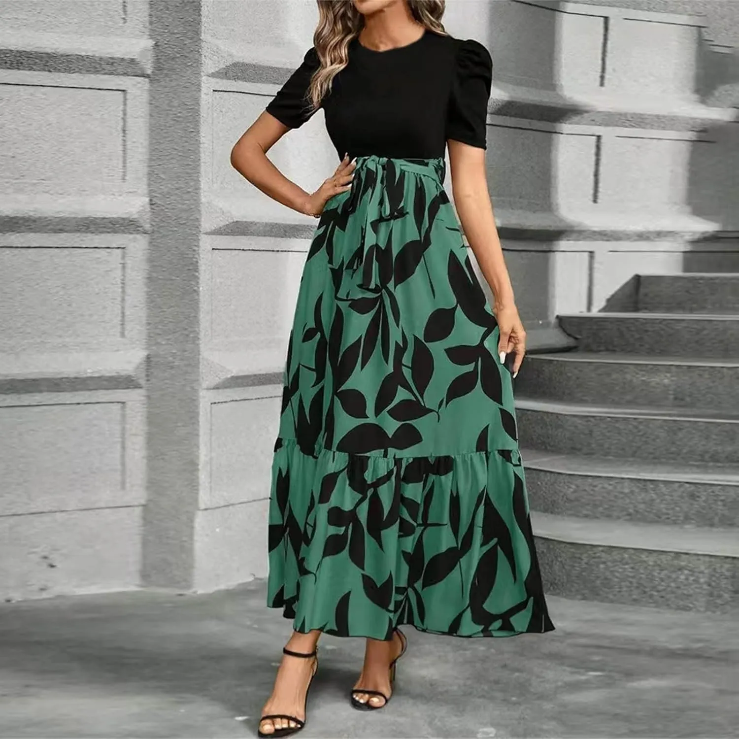 Boho Dresses for Women 2025 Floral Print Belted Patchwork Empire Waist Short Seleeve Maxi Dress