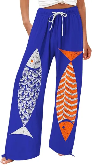 Boho Floral Fish Print Pants for Women Summer Baggy Japanese Style Wide Leg Elastic Waist Pants Trouser with Pockets