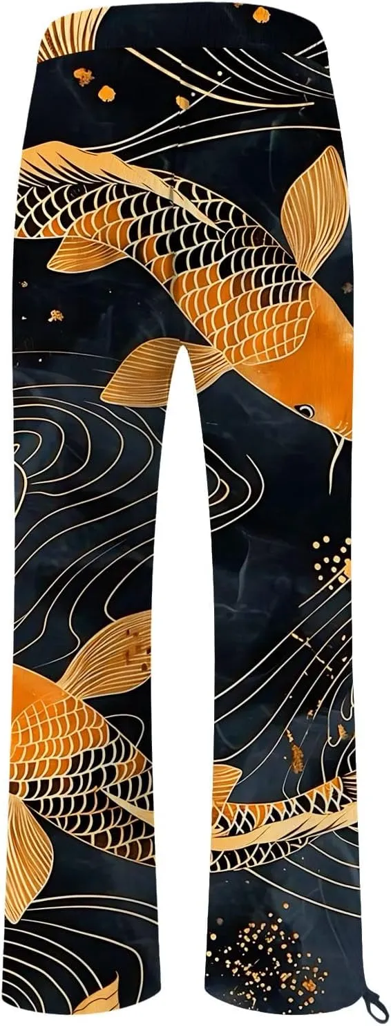 Boho Floral Fish Print Pants for Women Summer Baggy Japanese Style Wide Leg Elastic Waist Pants Trouser with Pockets