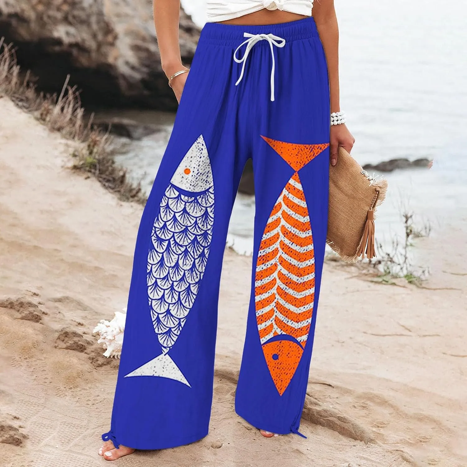 Boho Floral Fish Print Pants for Women Summer Baggy Japanese Style Wide Leg Elastic Waist Pants Trouser with Pockets