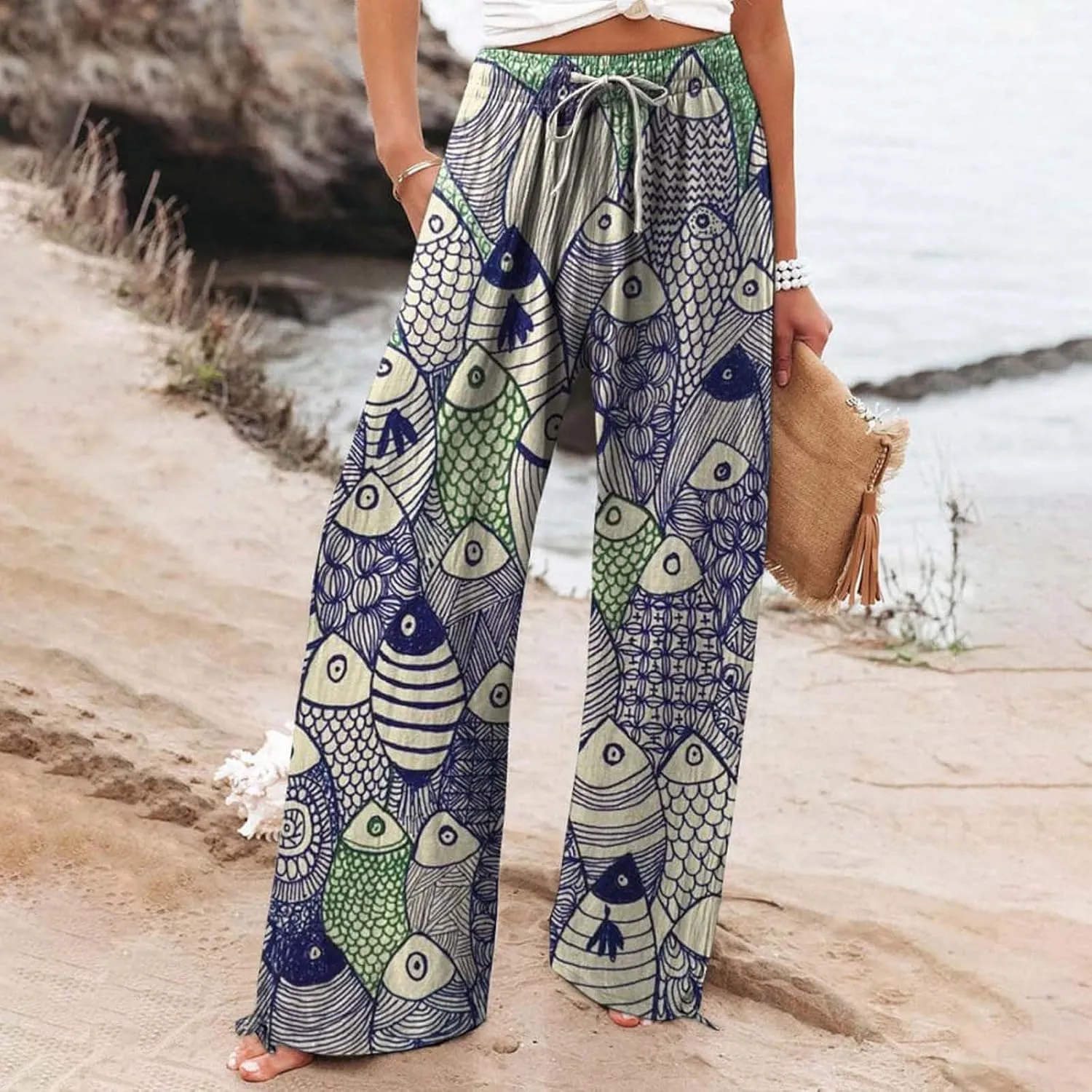 Boho Floral Fish Print Pants for Women Summer Baggy Japanese Style Wide Leg Elastic Waist Pants Trouser with Pockets