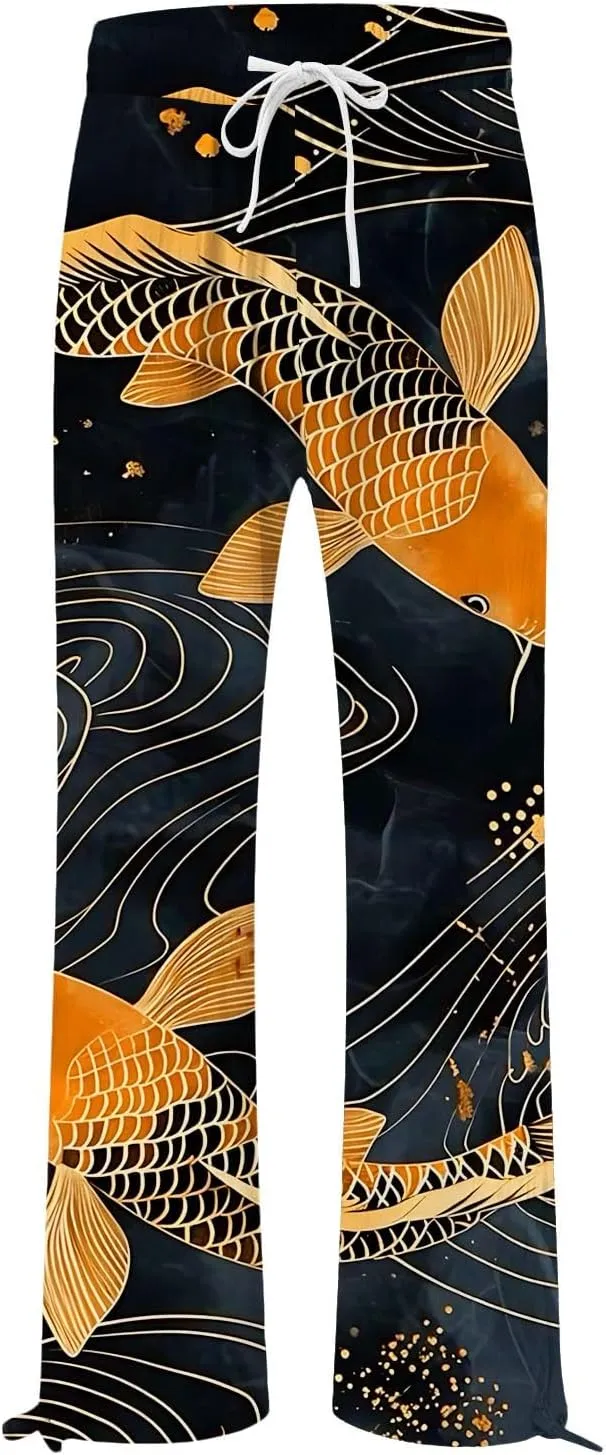 Boho Floral Fish Print Pants for Women Summer Baggy Japanese Style Wide Leg Elastic Waist Pants Trouser with Pockets