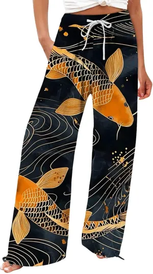 Boho Floral Fish Print Pants for Women Summer Baggy Japanese Style Wide Leg Elastic Waist Pants Trouser with Pockets