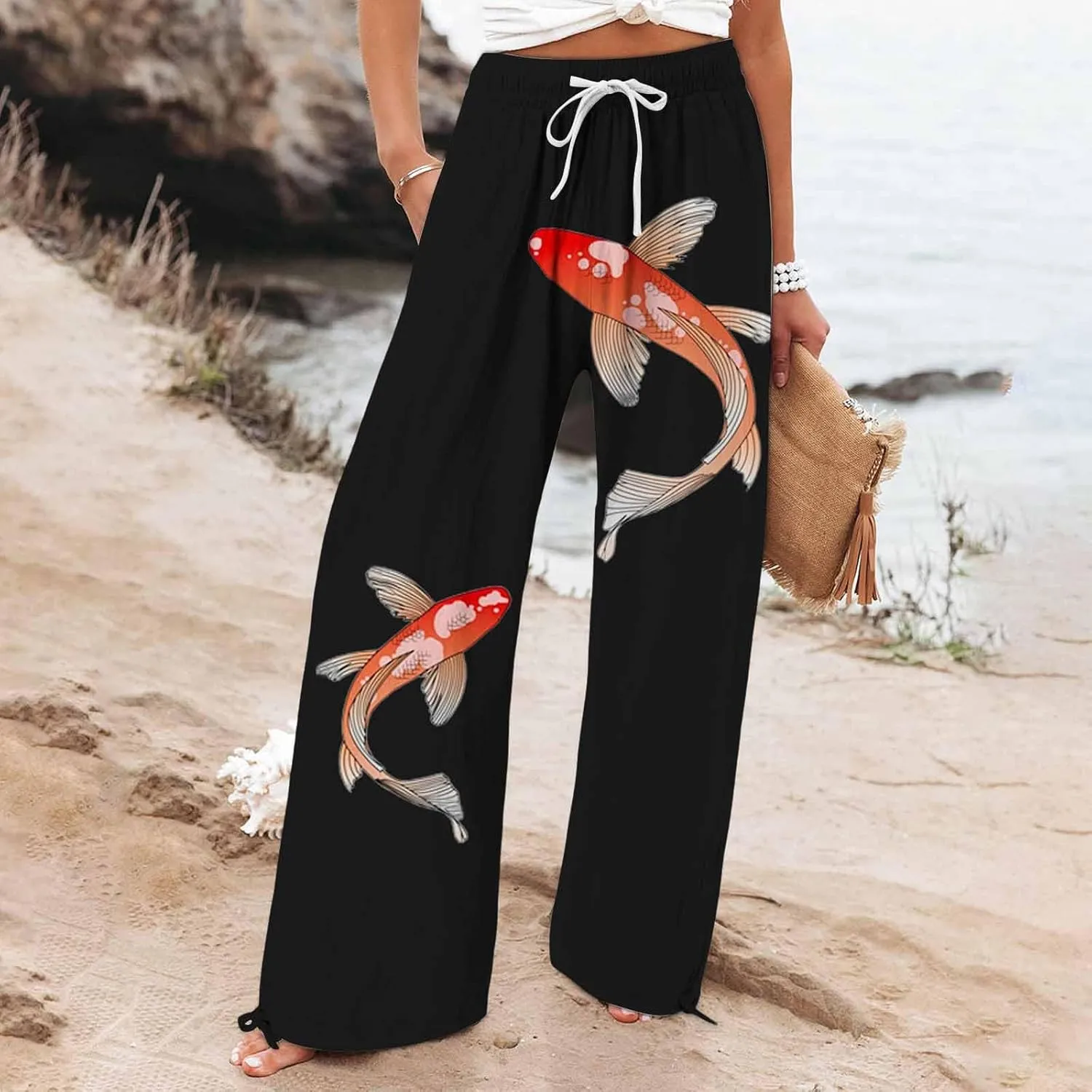 Boho Floral Fish Print Pants for Women Summer Baggy Japanese Style Wide Leg Elastic Waist Pants Trouser with Pockets
