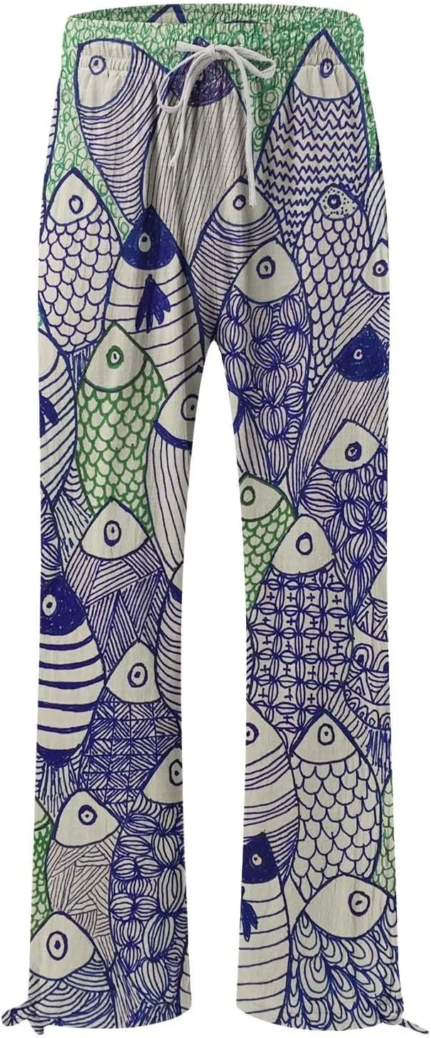 Boho Floral Fish Print Pants for Women Summer Baggy Japanese Style Wide Leg Elastic Waist Pants Trouser with Pockets
