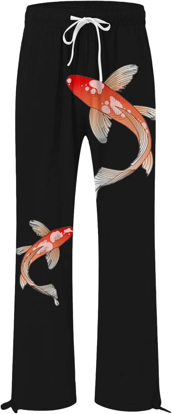 Boho Floral Fish Print Pants for Women Summer Baggy Japanese Style Wide Leg Elastic Waist Pants Trouser with Pockets