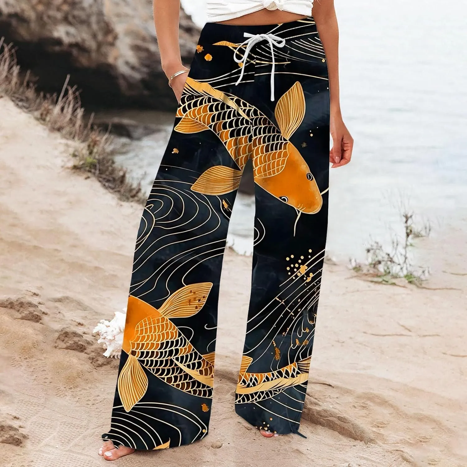 Boho Floral Fish Print Pants for Women Summer Baggy Japanese Style Wide Leg Elastic Waist Pants Trouser with Pockets