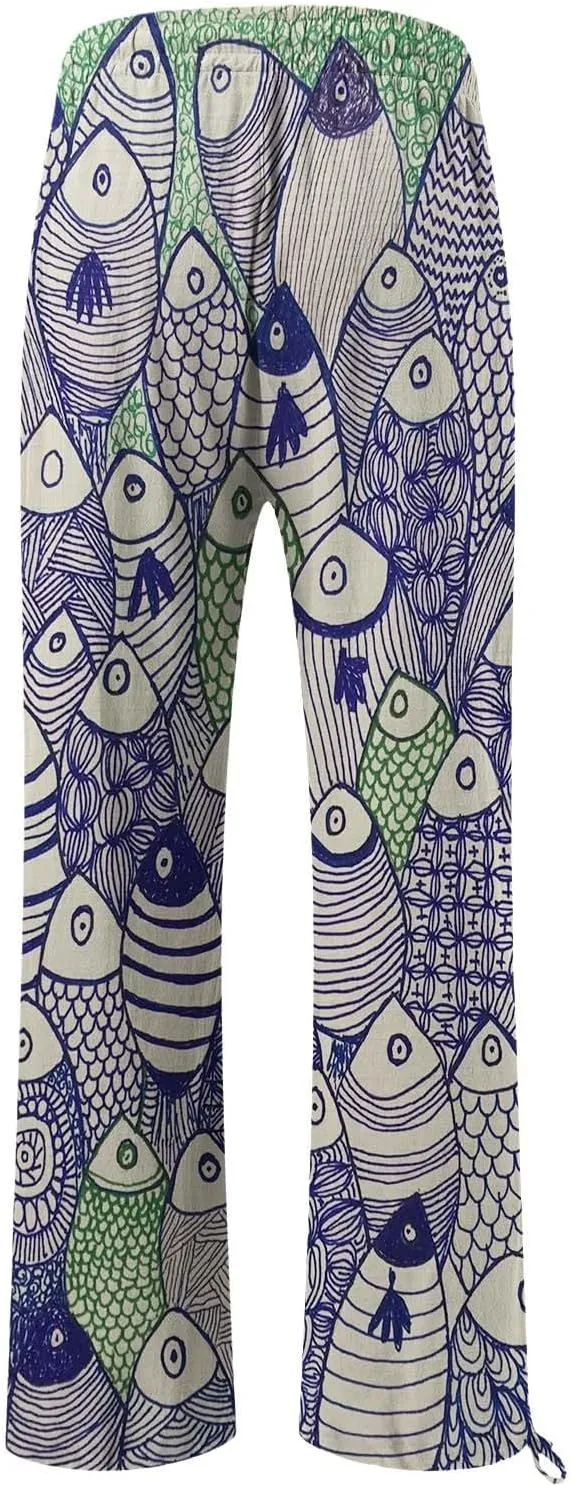 Boho Floral Fish Print Pants for Women Summer Baggy Japanese Style Wide Leg Elastic Waist Pants Trouser with Pockets