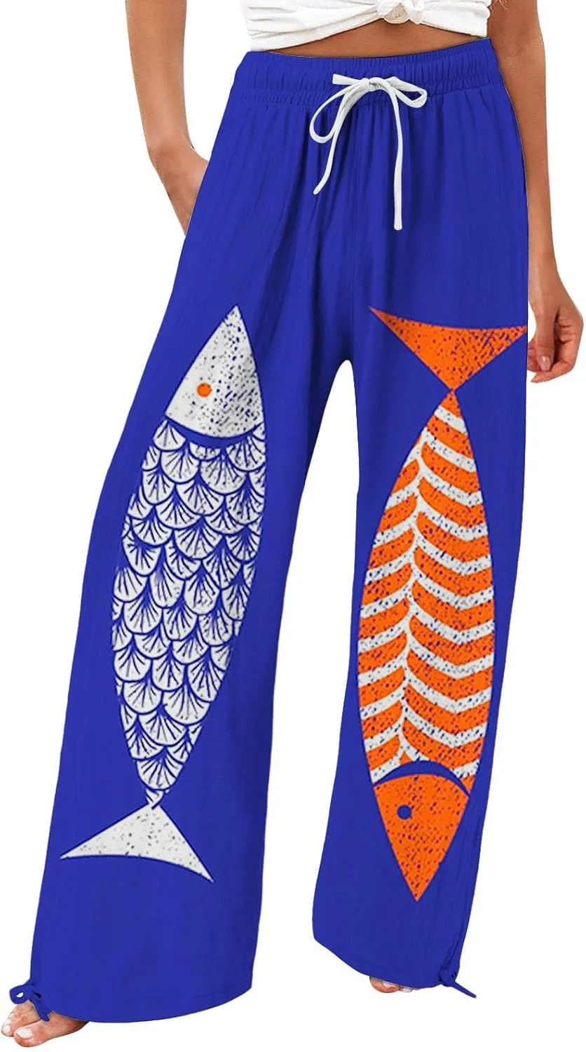 Boho Floral Fish Print Pants for Women Summer Baggy Japanese Style Wide Leg Elastic Waist Pants Trouser with Pockets