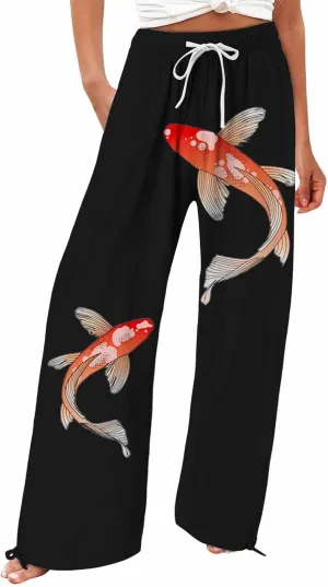 Boho Floral Fish Print Pants for Women Summer Baggy Japanese Style Wide Leg Elastic Waist Pants Trouser with Pockets
