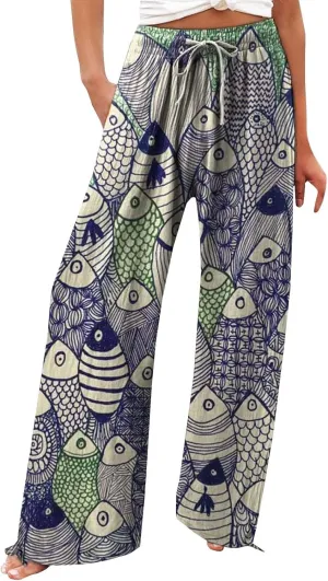 Boho Floral Fish Print Pants for Women Summer Baggy Japanese Style Wide Leg Elastic Waist Pants Trouser with Pockets