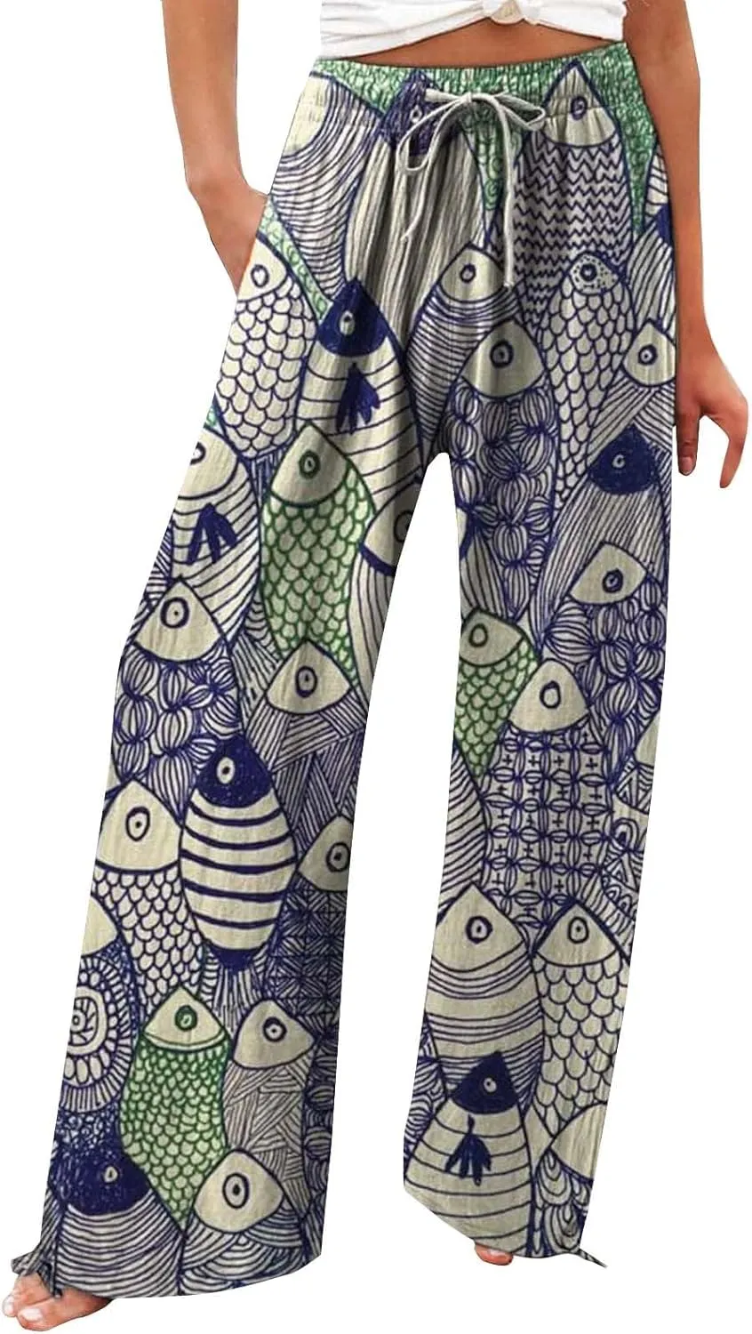 Boho Floral Fish Print Pants for Women Summer Baggy Japanese Style Wide Leg Elastic Waist Pants Trouser with Pockets