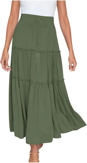 Boho Maxi Skirts Women Summer Elastic Waist Loose Long Skirts Solid Colour Bohemian Skirts Ladies Casual Outfits
