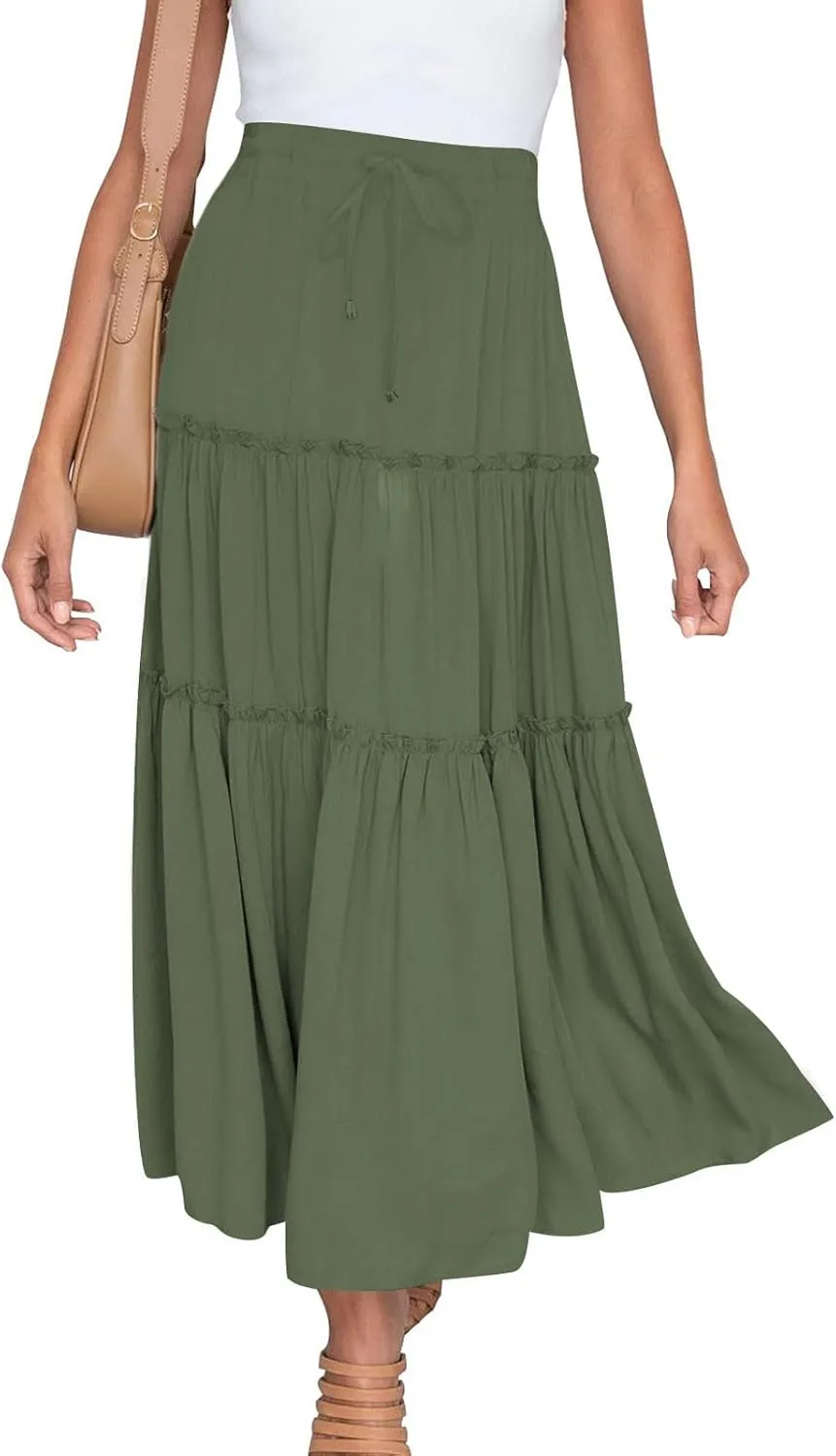 Boho Maxi Skirts Women Summer Elastic Waist Loose Long Skirts Solid Colour Bohemian Skirts Ladies Casual Outfits