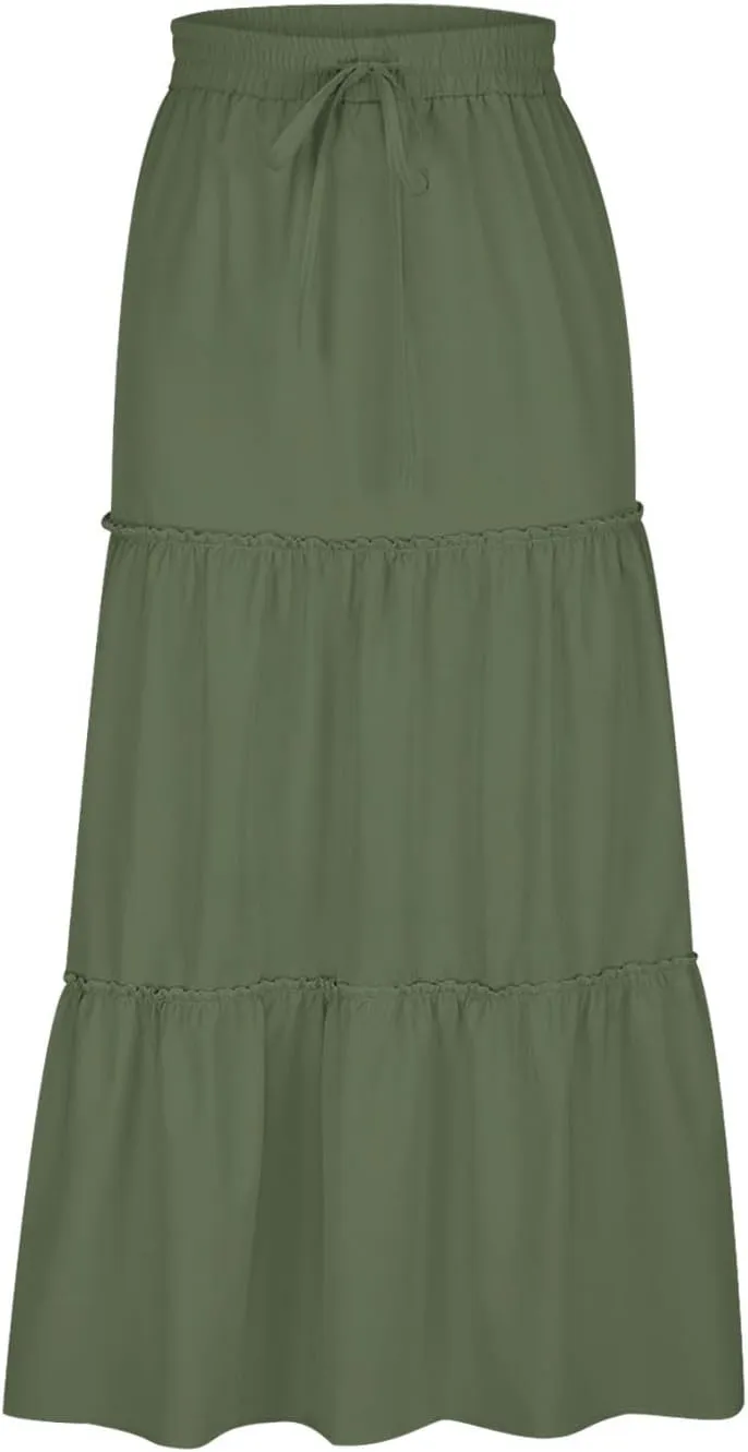 Boho Maxi Skirts Women Summer Elastic Waist Loose Long Skirts Solid Colour Bohemian Skirts Ladies Casual Outfits