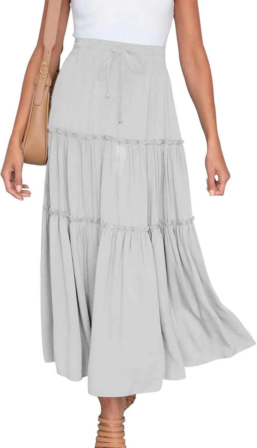 Boho Maxi Skirts Women Summer Elastic Waist Loose Long Skirts Solid Colour Bohemian Skirts Ladies Casual Outfits