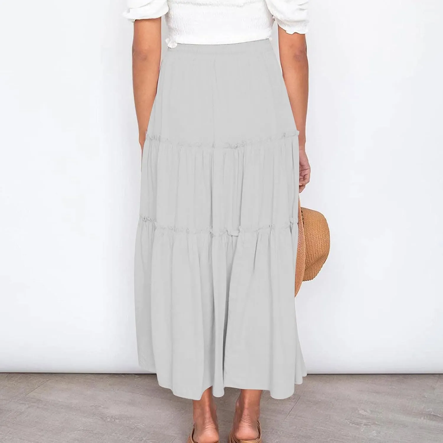 Boho Maxi Skirts Women Summer Elastic Waist Loose Long Skirts Solid Colour Bohemian Skirts Ladies Casual Outfits