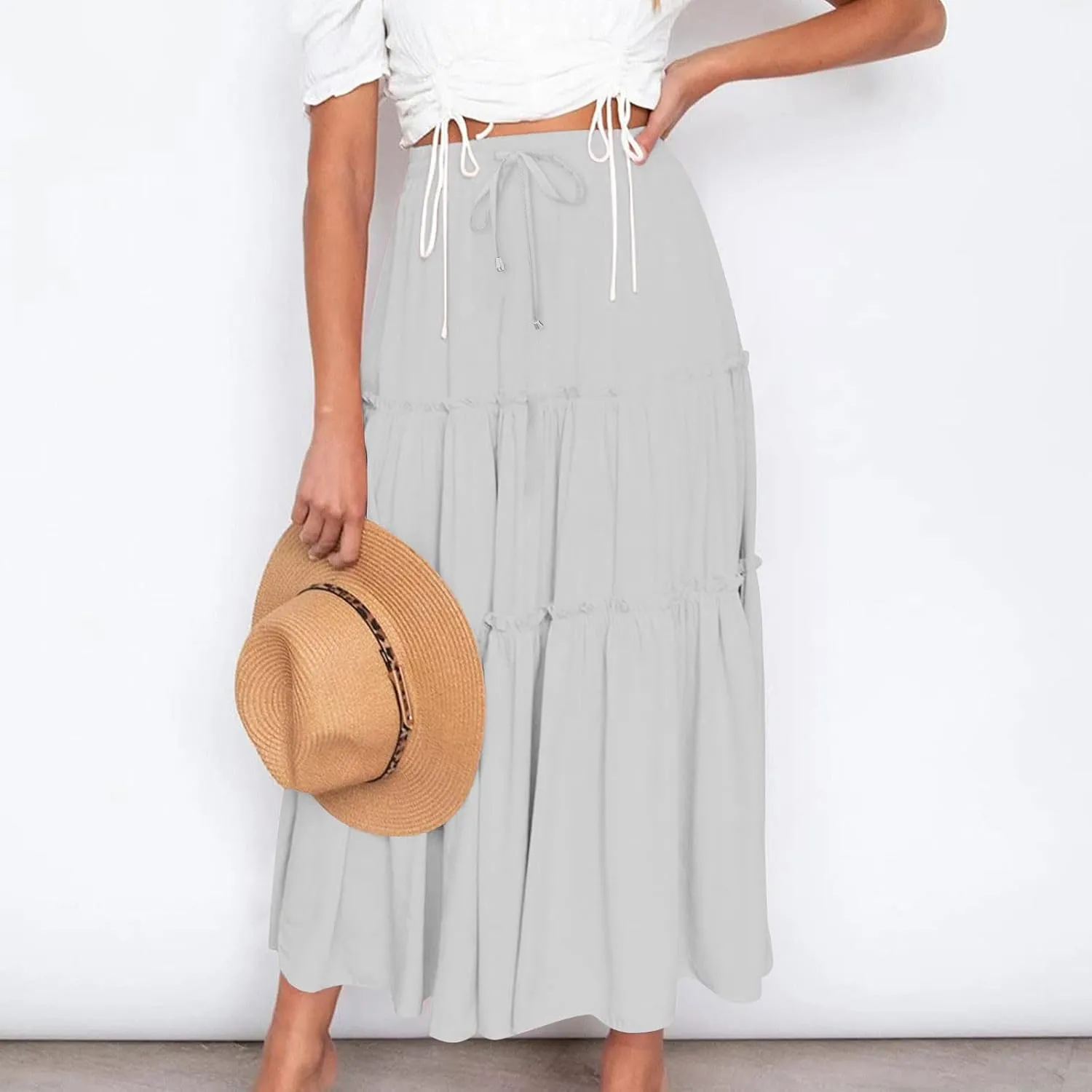 Boho Maxi Skirts Women Summer Elastic Waist Loose Long Skirts Solid Colour Bohemian Skirts Ladies Casual Outfits