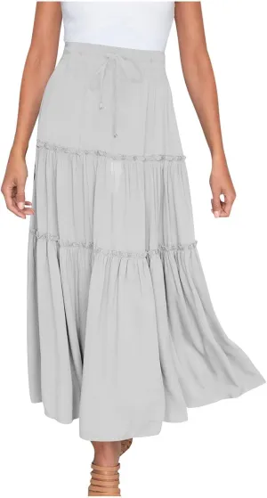 Boho Maxi Skirts Women Summer Elastic Waist Loose Long Skirts Solid Colour Bohemian Skirts Ladies Casual Outfits