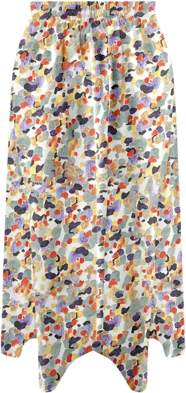 Boho Midi Skirts for Women Summer Floral Printed Elastic Waisted Flowy Swing A-Line Beach Skirt with Pockets