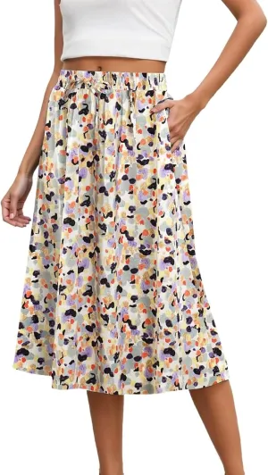 Boho Midi Skirts for Women Summer Floral Printed Elastic Waisted Flowy Swing A-Line Beach Skirt with Pockets