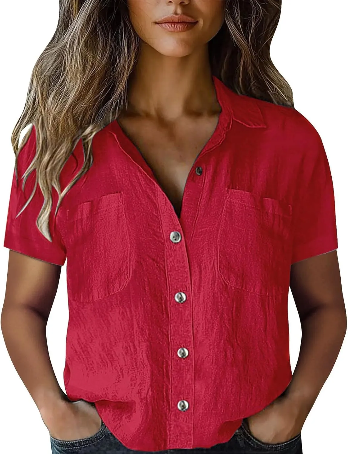 Boho Peasant Tops for Women Hippie Plus Size v Neck Shirt 2025 Summer Short Sleeve Button up Loose Fit Western Blouse