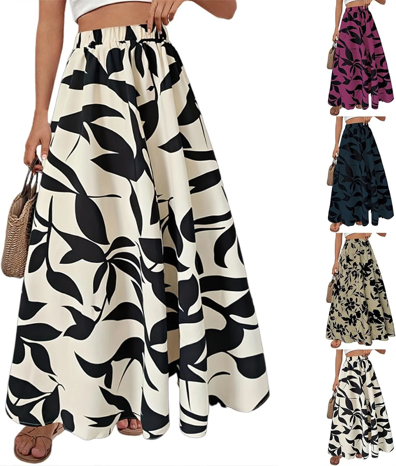 Boho Skirts for Women 2025 Floral Summer Maxi Skirts High Waisted Wrap Pleated Dresses Holiday Vacation Clothes
