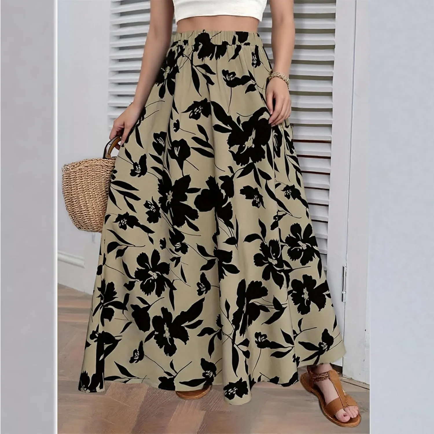Boho Skirts for Women 2025 Floral Summer Maxi Skirts High Waisted Wrap Pleated Dresses Holiday Vacation Clothes