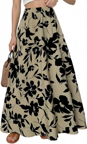 Boho Skirts for Women 2025 Floral Summer Maxi Skirts High Waisted Wrap Pleated Dresses Holiday Vacation Clothes