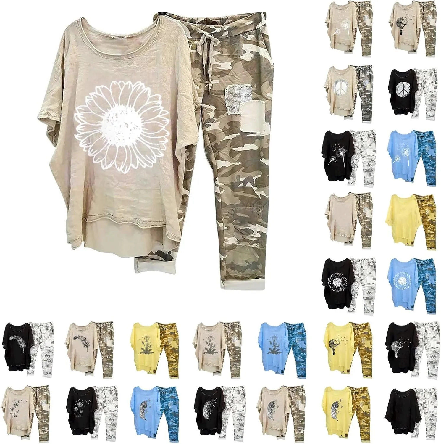 BOXIACEY 2 Piece Outfits for Women Summer Cotton Linen Set Plus Size Camouflage Sets Casual Two Piece Tracksuit Sets