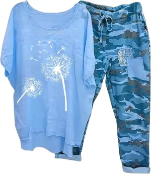 BOXIACEY 2 Piece Outfits for Women Summer Cotton Linen Set Plus Size Camouflage Sets Casual Two Piece Tracksuit Sets