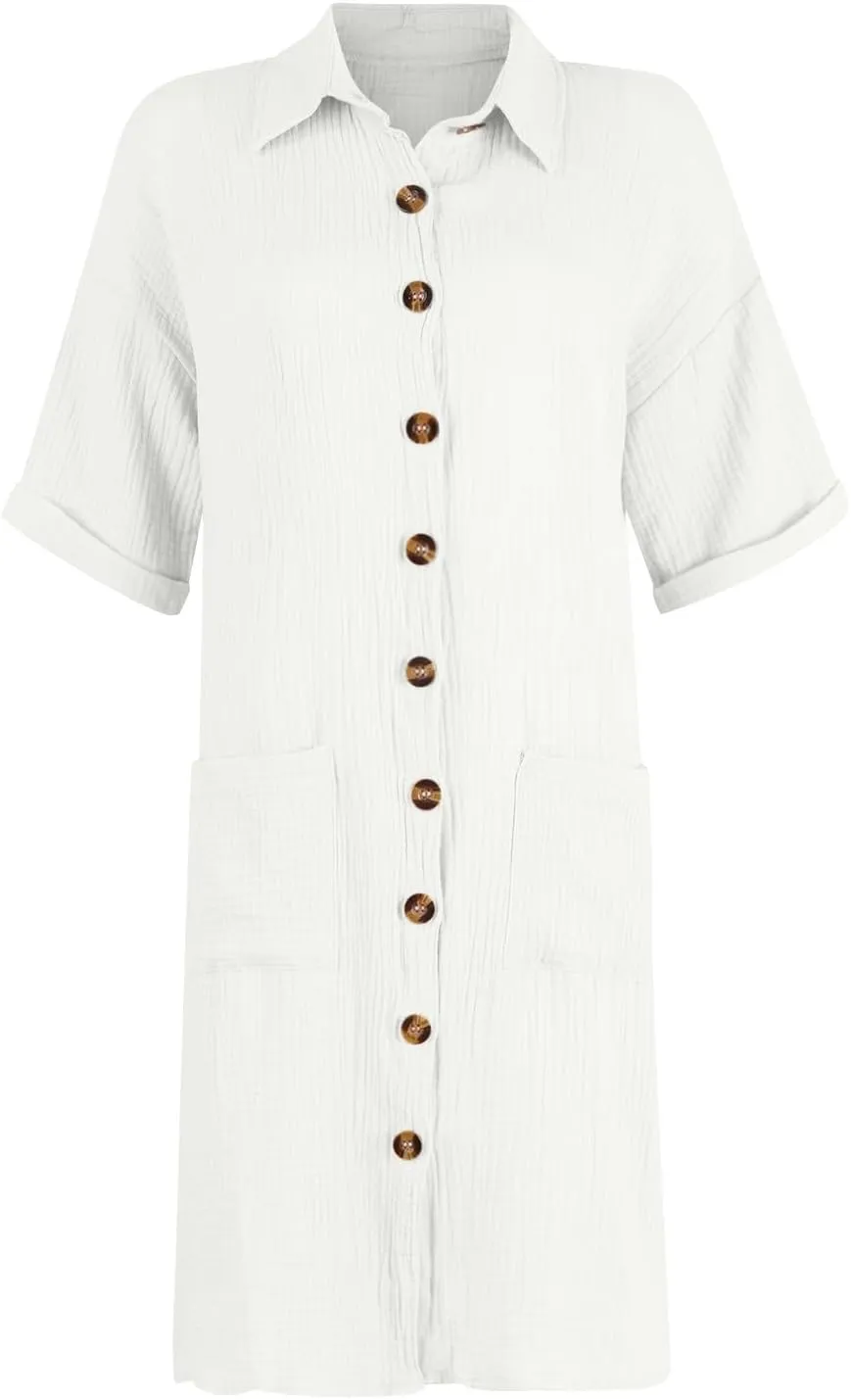 Button Down Gauze Dress for Women Casual Collar V-Neck Midi Linen Dress Loose Fit Short Sleeve Shirt Dress Vacation