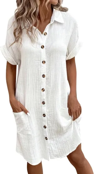 Button Down Gauze Dress for Women Casual Collar V-Neck Midi Linen Dress Loose Fit Short Sleeve Shirt Dress Vacation