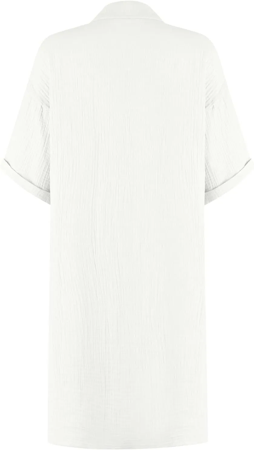 Button Down Gauze Dress for Women Casual Collar V-Neck Midi Linen Dress Loose Fit Short Sleeve Shirt Dress Vacation