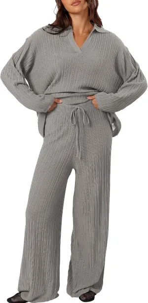 Cakulo Womens 2024 Lounge Sets 2 Piece Outfits Knit Sweater Matching Set Ribbed Wide Leg Loungewear Sweatsuits Grey XL