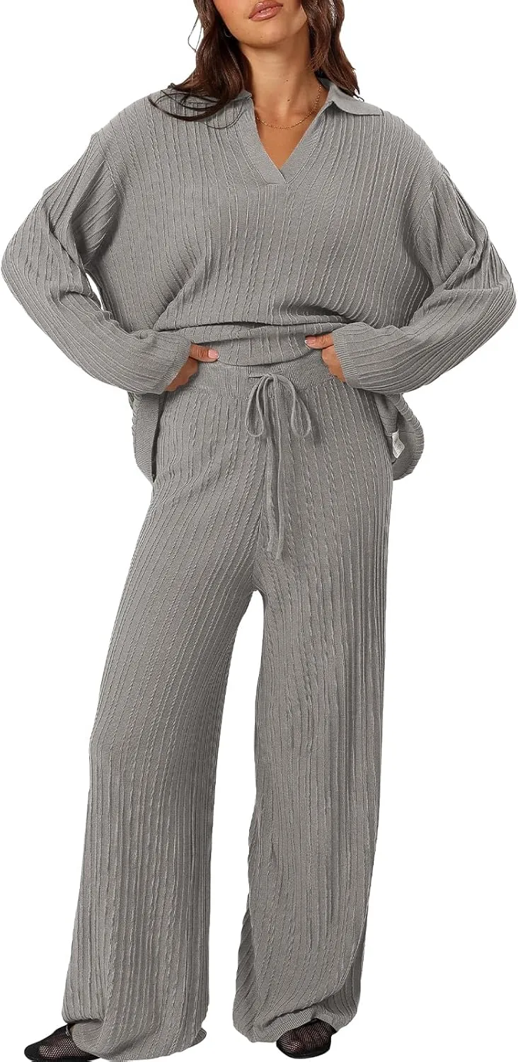 Cakulo Womens 2024 Lounge Sets 2 Piece Outfits Knit Sweater Matching Set Ribbed Wide Leg Loungewear Sweatsuits Grey XL