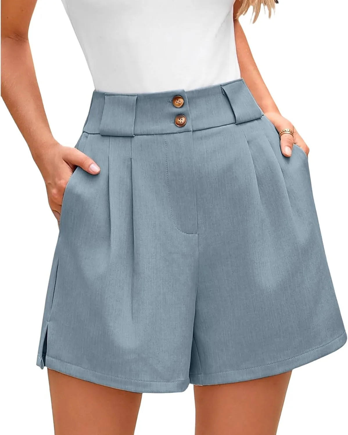Canbebig Womens Shorts Dressy Casual Casual Elastic High Waisted Wide Leg Shorts Side Slit Business Work Shorts with Pockets