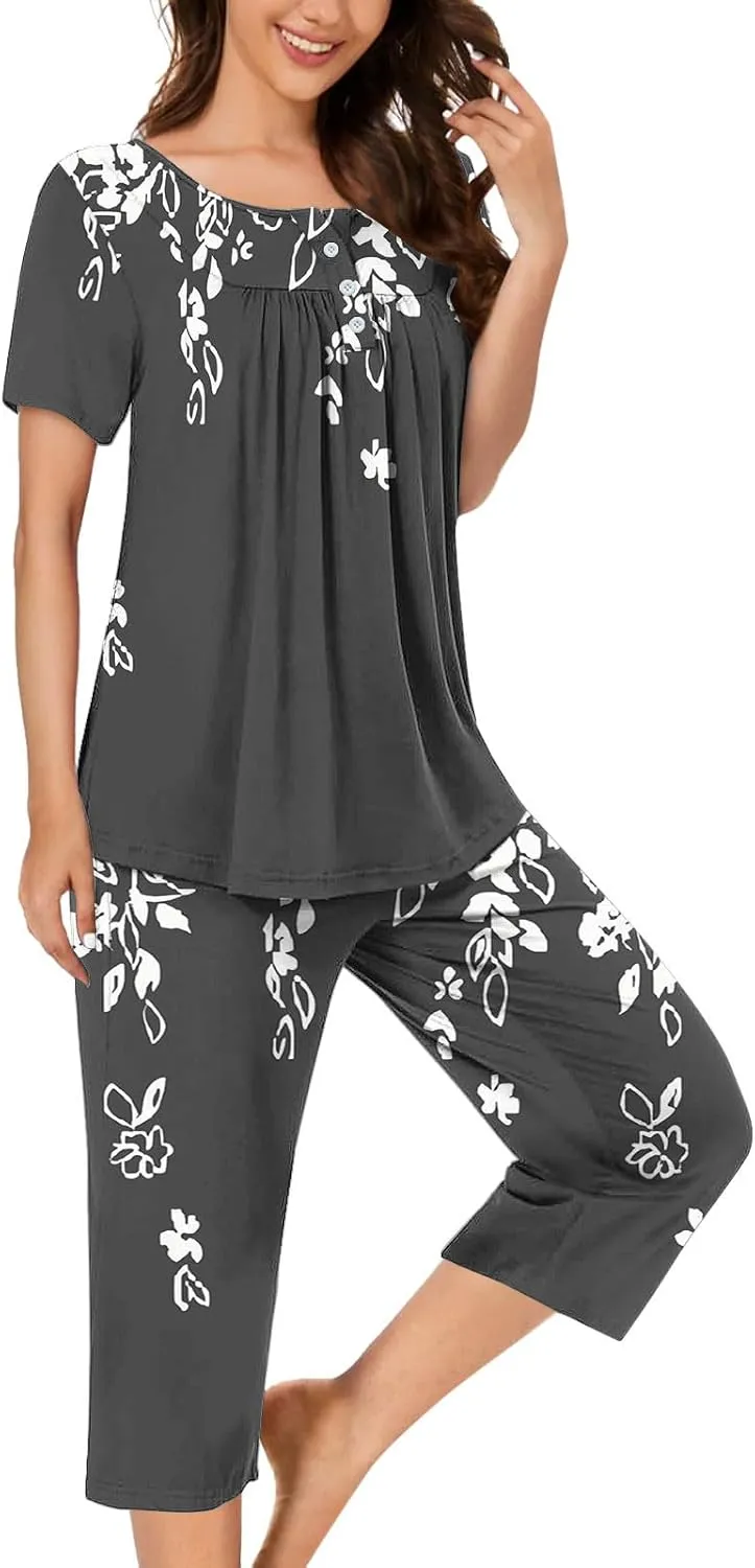 Capris Pajama Sets for Women Floral Print Short Sleeve Tops Capris Lounge Outfits Crewneck Pleated Button Sleepwear