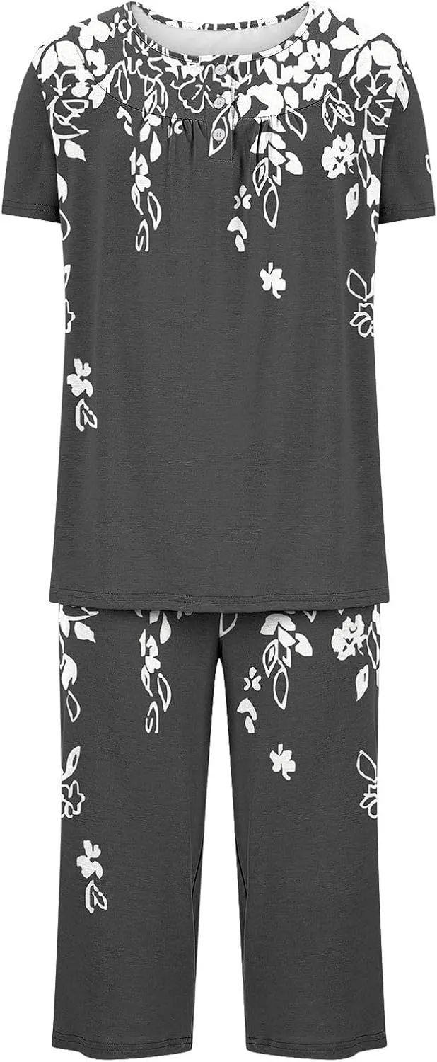 Capris Pajama Sets for Women Floral Print Short Sleeve Tops Capris Lounge Outfits Crewneck Pleated Button Sleepwear