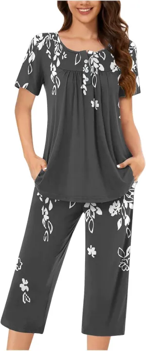 Capris Pajama Sets for Women Floral Print Short Sleeve Tops Capris Lounge Outfits Crewneck Pleated Button Sleepwear