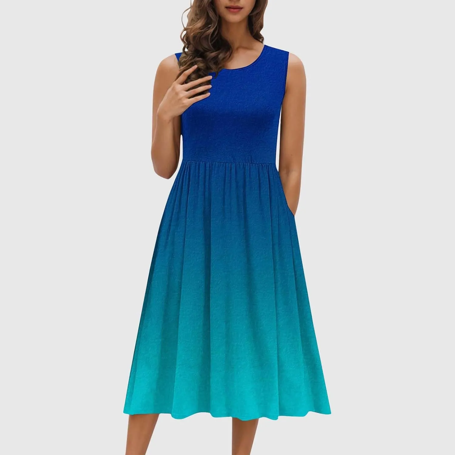 Casual Dresses for Women Summer Sleeveless Tie Dye Sundresses Empire Waist Midi Tank Dresses with Pockets 2025