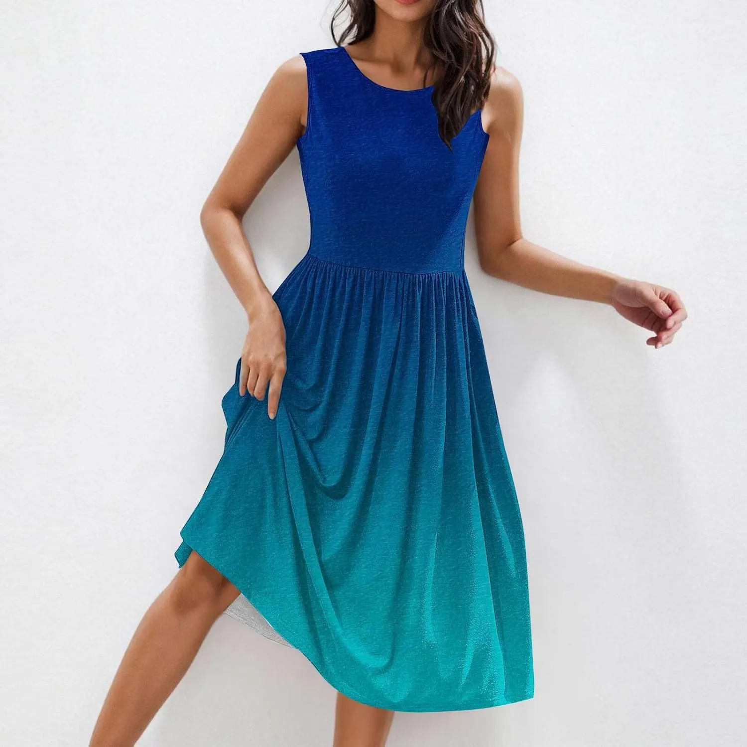 Casual Dresses for Women Summer Sleeveless Tie Dye Sundresses Empire Waist Midi Tank Dresses with Pockets 2025