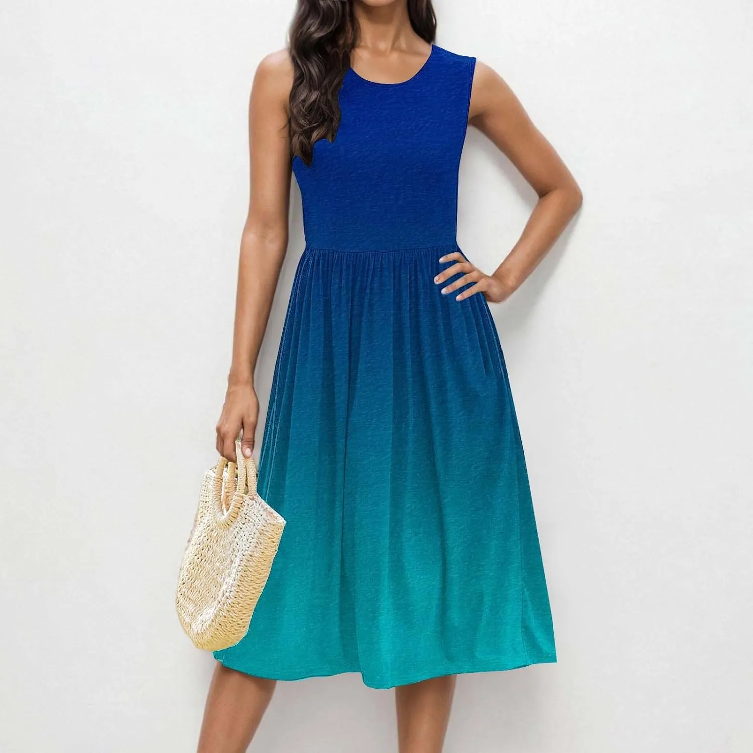 Casual Dresses for Women Summer Sleeveless Tie Dye Sundresses Empire Waist Midi Tank Dresses with Pockets 2025