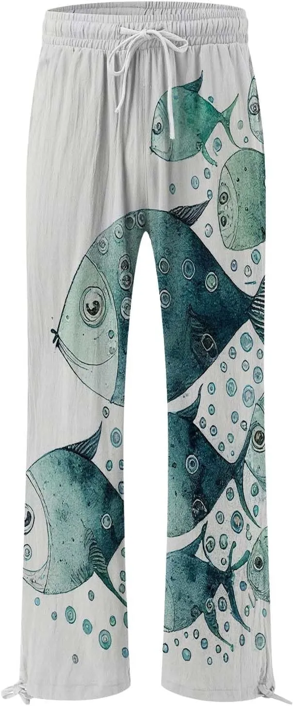 Casual Pants for Women Japanese Fish Art Printed Baggy Cropped Wide Leg Pallazzo Trousers Beach Relaxed Comfy Pants