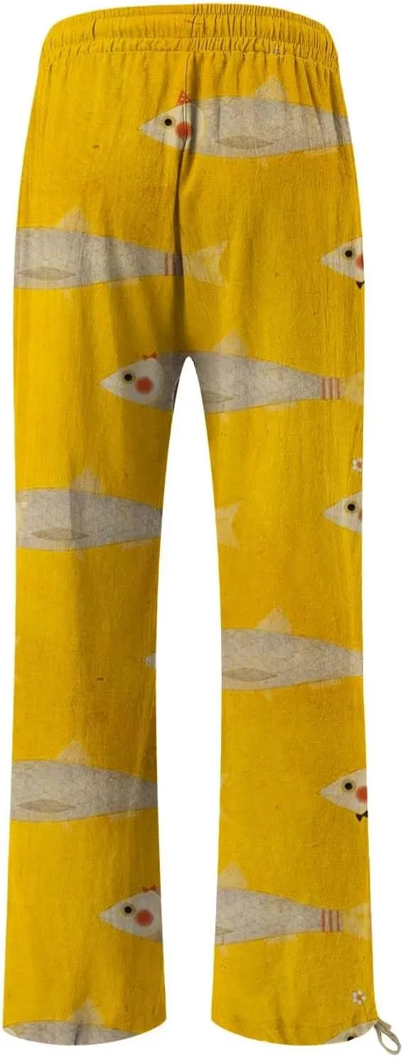 Casual Pants for Women Japanese Fish Art Printed Baggy Cropped Wide Leg Pallazzo Trousers Beach Relaxed Comfy Pants