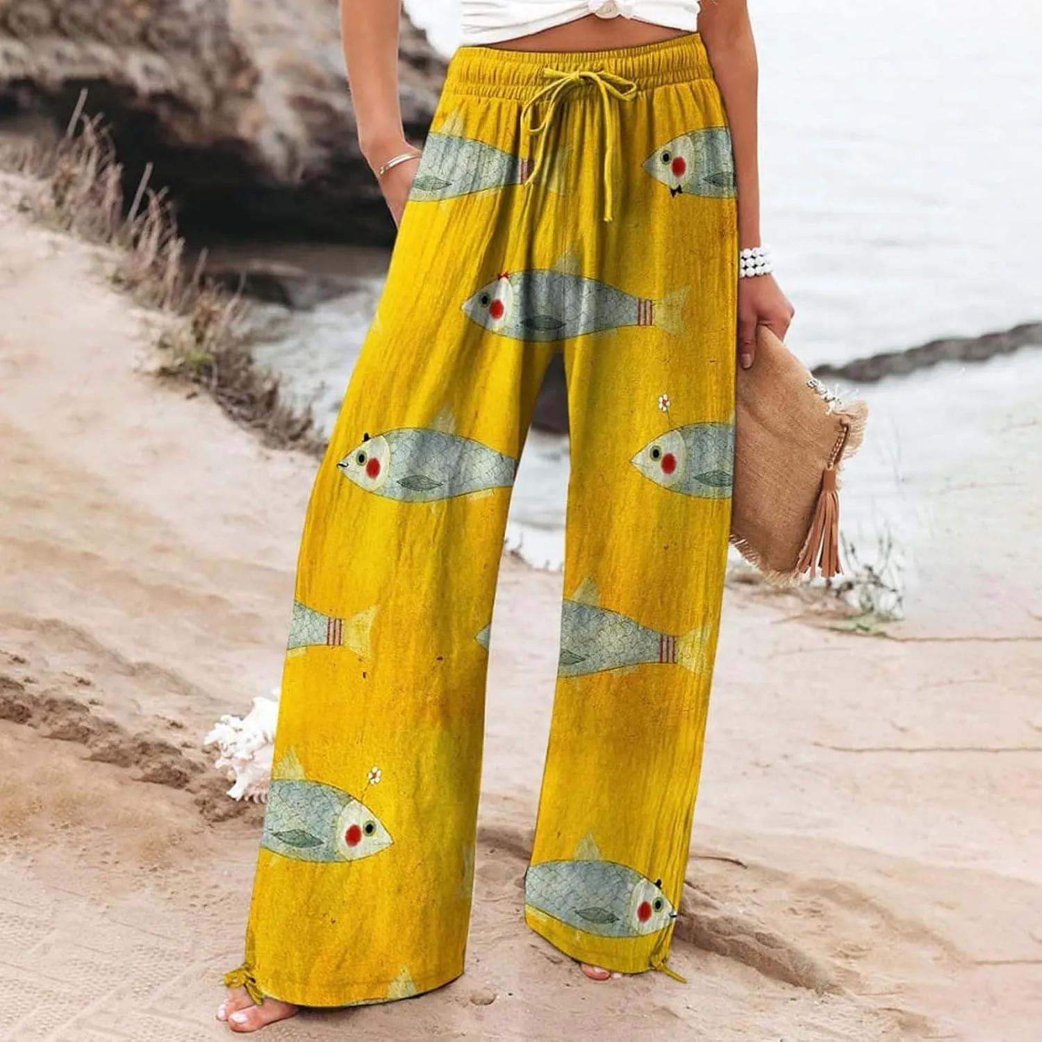Casual Pants for Women Japanese Fish Art Printed Baggy Cropped Wide Leg Pallazzo Trousers Beach Relaxed Comfy Pants