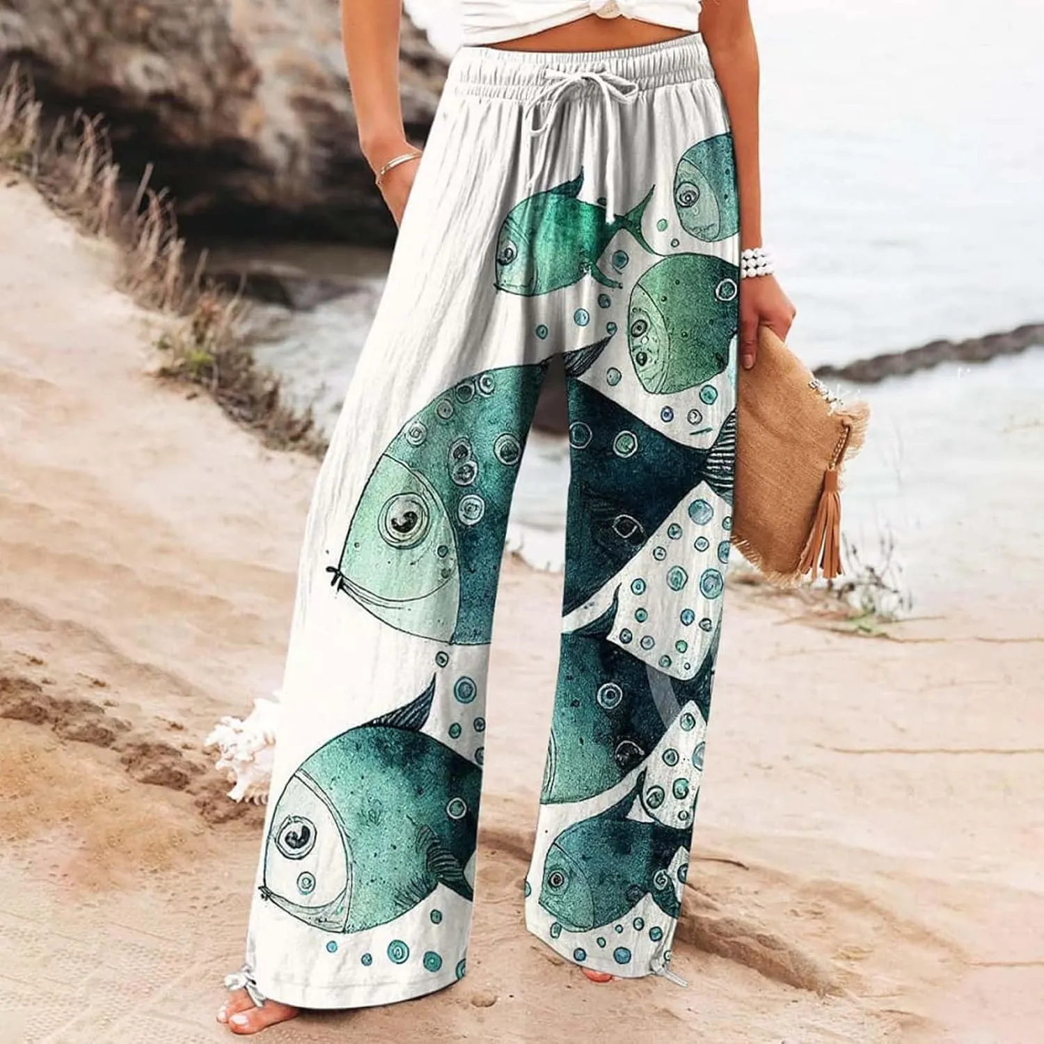 Casual Pants for Women Japanese Fish Art Printed Baggy Cropped Wide Leg Pallazzo Trousers Beach Relaxed Comfy Pants
